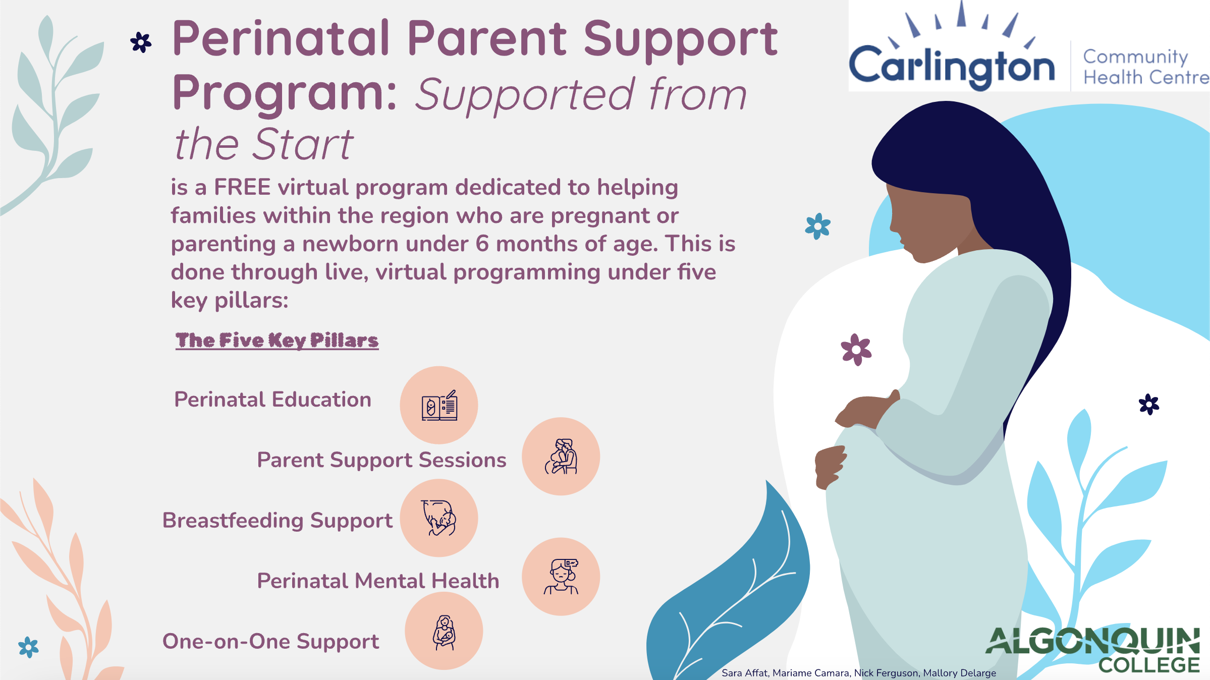 Title in the middle top says “Perinatal Parent Support Program: Supported from the Start”. Beige background, purple font, illustration of pregnant woman on right side, left side has 5 pink circles next to the 5 key pillars. Flower-like designs on outer edges. Carlington logo on top right corner.